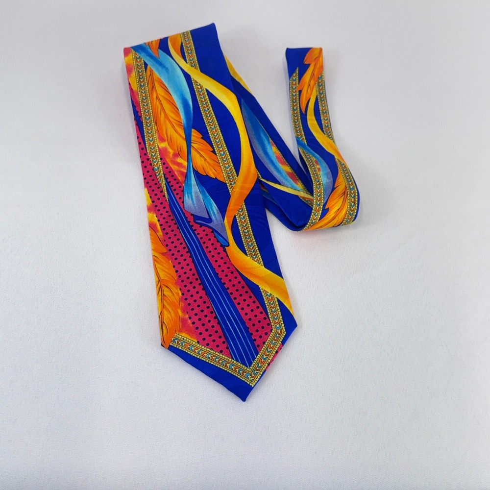 Krizia Uomo Silk Tie Mens Blue Orange Feather Polka‎ Dot Maximalist Retro Luxury